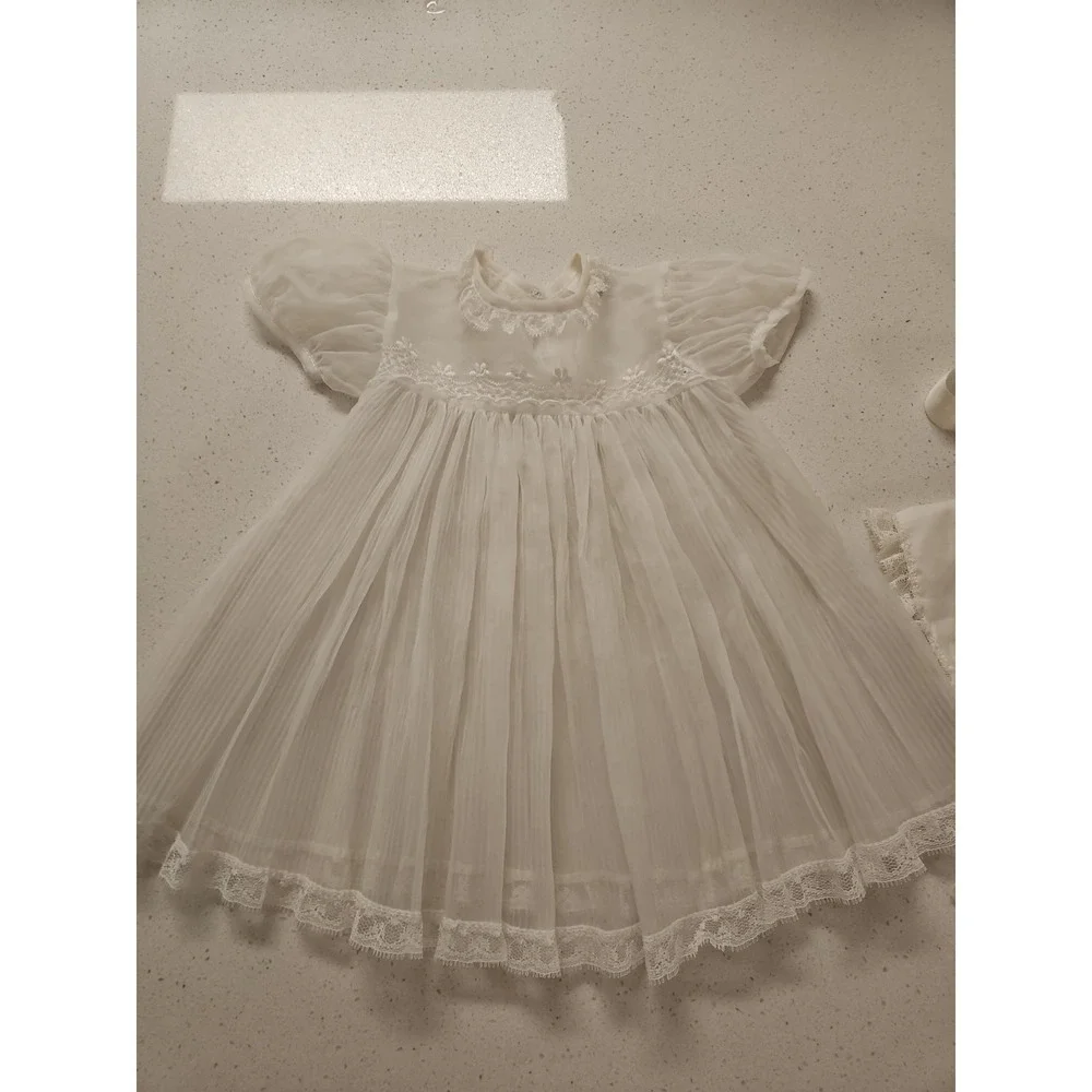 Madonna Original Vintage Baby Christening Dress‎ Pleated White Lace 3 Pc Set